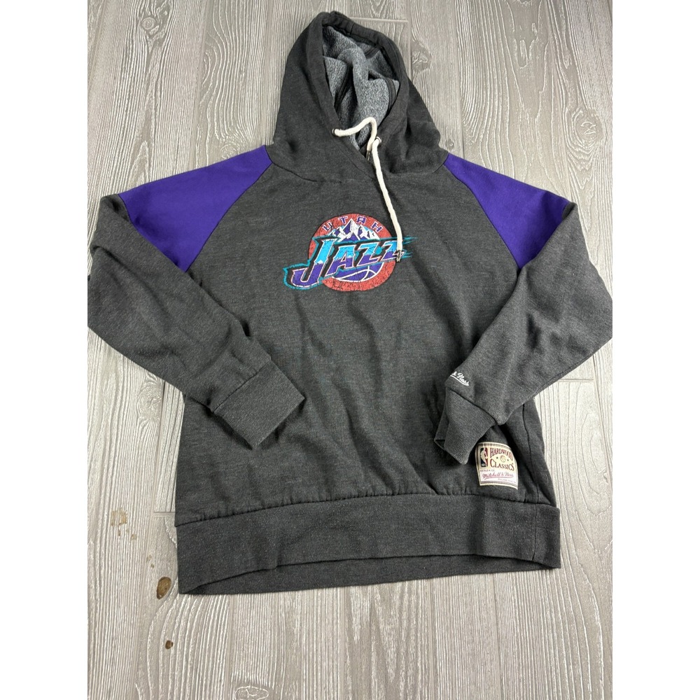 Mitchell & Ness Utah Jazz Hoodie Gray Purple Hardwood Classics Sweatshirt Med